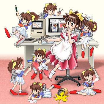 1990s_(style) 1girl absurdres apple_inc. apron blue_shirt bow brown_eyes brown_hair clone closed_mouth commentary_request computer computer_keyboard computer_mouse computer_tower crayon crayon_drawing crt cup desk drawing_(action) drawing_(object) dress frilled_apron frills hair_bow hand_to_own_mouth hand_up highres holding holding_crayon holding_cup holding_paintbrush holding_pencil holding_scissors jumping layered_dress layered_skirt looking_at_another lying macintosh macintosh_128k medium_hair minakami_marin mini_person minigirl monitor multiple_views neckerchief on_floor on_stomach on_stool open_mouth original pac-man_eyes paint_can paintbrush paper pencil pink_dress pink_slippers pleated_skirt ponytail puffy_short_sleeves puffy_sleeves red_neckerchief red_shoes retro_artstyle sailor_collar scissors shirt shoes short_sleeves sitting skirt slippers smile socks spill standing stool tea through_medium through_screen white_apron white_sailor_collar white_skirt white_socks winding_key window_(computing) yellow_bow yunomi zenmai-chan