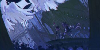 1boy 1girl 1other angel_wings arm_up cape castle deltarune eldritch_abomination goat_boy hammer hammer_of_justice heart highres holding holding_hammer kris_(dark_world)_(deltarune) kris_(deltarune) multiple_wings pointing ralsei reptile_girl scarf soul_(deltarune) susie_(dark_world)_(deltarune) susie_(deltarune) sword thethirdpark titan_(deltarune) utdr_(toby_fox) weapon wings wings_over_eyes