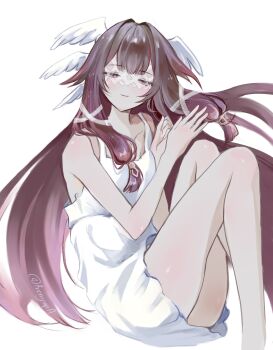 1girl black_hair columbina_(genshin_impact) commentary dress english_commentary eye_mask feathered_wings genshin_impact half-closed_eyes head_wings highres long_hair mask multicolored_hair multiple_wings purple_hair renyupa see-through_clothes see-through_mask signature smile solo streaked_hair white_background white_dress white_mask white_wings wings x-shaped_eyewear