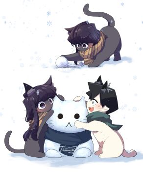 :d absurdres animalization black_hair brown_scarf building_snowman cat commentary green_scarf highres j_humbo komi-san_wa_komyushou_desu komi_shouko long_hair no_humans open_mouth profile purple_eyes scarf short_hair smile snowflakes snowman symbol-only_commentary tadano_hitohito