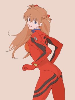 1girl ass bad_id bad_twitter_id blue_eyes bodysuit breasts from_side interface_headset_(evangelion) long_hair looking_at_viewer mecha_pilot_suit neon_genesis_evangelion open_mouth pink_background plugsuit_(evangelion) red_bodysuit red_hair simple_background solo souryuu_asuka_langley swirl9017