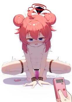 absurdres ahoge bar_censor blue_archive blush censored controller double_bun flat_chest hair_bun halo highres loli maki_(blue_archive) nipples nude platinum-mix red_hair remote_control remote_control_vibrator sex_toy simple_background solo_focus thigh_strap trembling vaginal variant_set vibrator white_background