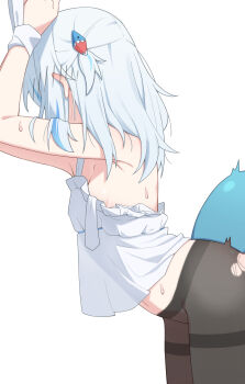 1girl absurdres armpits arms_up bare_arms bare_shoulders black_pantyhose blue_hair blue_ribbon blush bound bound_wrists breasts camisole ear_blush facing_to_the_side fins fish_tail full-face_blush gawr_gura hair_ornament highres hololive hololive_english implied_sex leaning_forward light_blue_hair long_hair looking_back medium_hair midriff multicolored_hair navel pantyhose restrained ribbon see-through_clothes shark_girl shark_hair_ornament shark_tail sideboob small_breasts solo standing streaked_hair sweat sweatdrop tail torn_clothes torn_pantyhose two-tone_hair ugaaaa1 virtual_youtuber white_background white_camisole white_hair