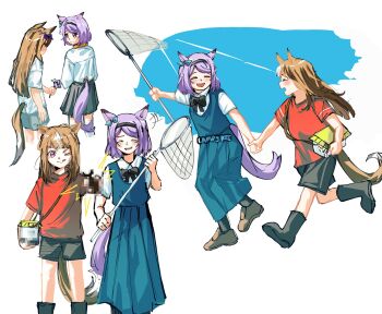 2girls aged_down animal_ears beetle black_boots black_hairband black_shorts black_skirt blue_dress blush boots bow brown_eyes brown_hair bug bug_cage bug_hunting butterfly_net censored closed_eyes closed_mouth dress ear_bow ear_ribbon flower gold_ship_(umamusume) hairband hand_net highres holding holding_bug holding_butterfly_net holding_flower holding_hands horse_ears horse_girl horse_tail insect lampy_uikoko long_hair mejiro_mcqueen_(umamusume) multicolored_hair multiple_girls net one_eye_closed open_mouth purple_eyes purple_hair red_shirt rhinoceros_beetle shirt shoes short_sleeves shorts skirt smile streaked_hair tail tongue tongue_out umamusume white_hair white_shirt