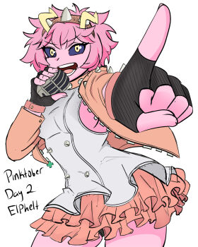 1girl absurdres acidart artist_name ashido_mina black_sclera boku_no_hero_academia colored_sclera colored_skin cosplay elphelt_valentine elphelt_valentine_(cosplay) female_focus guilty_gear guilty_gear_strive highres pink_hair pink_skin solo yellow_eyes