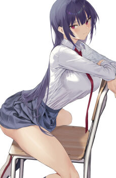 1girl blue_hair blue_skirt blush breasts chair closed_mouth collared_shirt commentary_request haite_kudasai_takamine-san hiiragi_yuuichi large_breasts long_hair long_sleeves looking_at_viewer necktie red_eyes red_necktie shirt shirt_tucked_in simple_background skirt smile solo takamine_takane white_background white_shirt