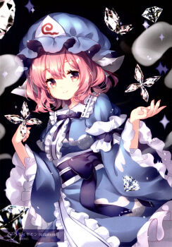 Rule 34 | 1girl, absurdres, blue hat, blue kimono, blue ribbon, blue sash, bug, butterfly, closed mouth, cowboy shot, crystal, diamond (gemstone), frilled kimono, frilled shirt collar, frills, hat, highres, hitodama, insect, japanese clothes, kimono, long sleeves, looking at viewer, mimi (mimi puru), neck ribbon, obi, pink eyes, pink hair, ribbon, ribbon-trimmed collar, ribbon trim, saigyouji yuyuko, sash, scan, short hair, smile, solo, third-party source, touhou, triangular headpiece, wide sleeves