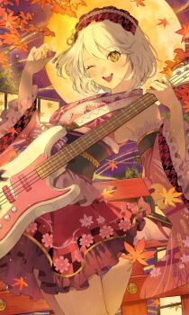 1girl absurdres alice_(moon_viewing_live)_(tales) alice_(tales) blush commission detached_sleeves floral_print guitar headdress highres holding holding_another&#039;s_leg holding_guitar holding_instrument holding_plectrum instrument japanese_clothes kimono kimono_pull leaf looking_at_viewer moon one_eye_closed pink_headdress pink_kimono plectrum short_hair skirt sleeveless sleeveless_kimono smile solo tales_of_(series) tales_of_asteria tales_of_symphonia tales_of_symphonia:_dawn_of_the_new_world teeth upper_teeth_only wawatiku yellow_eyes