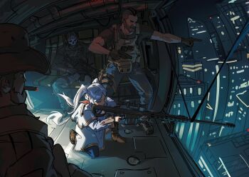 1girl 3boys aiming aircraft anti-materiel_rifle assault_rifle barrett_m82 black_gloves black_shirt blue_pants brown_hair call_of_duty call_of_duty:_modern_warfare_2 capelet captain_price city crossover dress frieren ghost_(modern_warfare_2) gloves gun h&amp;k_g36 handgun helicopter helicopter_interior holding holding_gun holding_weapon multiple_boys pants raikoart rifle scope shirt smoking sniper_rifle soap_(modern_warfare_2) sousou_no_frieren union_jack weapon white_capelet white_dress white_hair