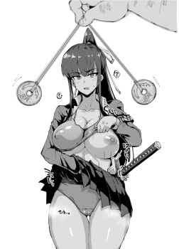 1boy 1girl ? afterimage armband bare_legs blazer blush bra bra_lift breasts cameltoe cleavage clothes_lift coin coin_on_string collarbone covered_erect_nipples cowboy_shot fan_no_hitori hair_ornament high_ponytail hypnosis jacket jk_taimabu katana kusanagi_mio legs_together lifting_own_clothes long_sidelocks looking_at_viewer male_hand mind_control motion_lines nipples one_breast_out open_mouth panties pendulum ponytail sheath sheathed shiny_nipples shiny_skin shirt sidelocks skindentation skirt skirt_lift sound_effects sports_bra steaming_body sweat sword thighs underwear undressing weapon white_background