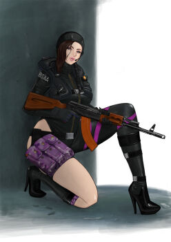 Rule 34 | 1girl, bodysuit, boots, brown hair, capcom, diving suit, female focus, highres, jessica sherawat, komii, looking at viewer, resident evil, resident evil: revelations, weapon, wet, wetsuit