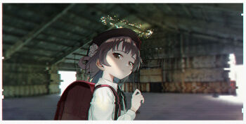 1girl backpack bag beret black_hat black_ribbon border brown_eyes brown_hair chromatic_aberration closed_mouth collared_shirt commentary_request floating_hair flower from_side gom_(kooskoo) hair_flower hair_ornament hair_rings half-closed_eyes halo hand_up hat hatoba_tsugu highres indoors long_sleeves looking_at_viewer looking_to_the_side medium_hair neck_ribbon overexposure randoseru red_bag ribbon rose rust scanlines shirt single_hair_ring smile solo suspenders tsugu_(vtuber) upper_body vhs_artifacts virtual_youtuber warehouse white_border white_flower white_rose white_shirt