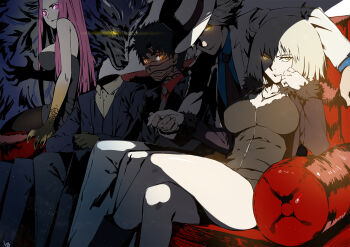 ahoge angra_mainyu_(fate) bad_id bad_pixiv_id black_hair breasts claws club3 contemporary couch dark dress edmond_dantes_(fate) fate/grand_order fate_(series) fedora formal_clothes fur-trimmed_sleeves fur_trim glowing glowing_eyes gorgon_(fate) hat headless hessian_(fate) holding_hands jeanne_d'arc_(fate) jeanne_d'arc_alter_(fate) jeanne_d'arc_alter_(ver._shinjuku_1999)_(fate) large_breasts lobo_(fate) medusa_(fate) medusa_(rider)_(fate) necktie official_alternate_costume purple_eyes purple_hair rider shadow short_dress sitting tattoo trait_connection white_hair wolf yellow_eyes