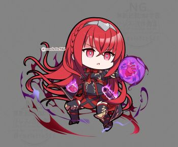 :o aura black_shirt black_thighhighs braid breasts chibi chibi_only clenched_hand crossed_bangs crown_braid dark_aura dark_persona female_alear_(fell_child)_(fire_emblem) female_alear_(fire_emblem) fire_emblem fire_emblem_engage full_body gloves grey_background hair_between_eyes komurice long_hair medium_breasts nintendo open_mouth red_eyes red_gloves red_hair scroll shirt thighhighs tiara twitter_username very_long_hair