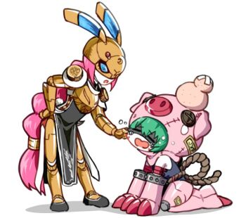 Rule 34 | 2girls, armor, black dress, braid, chibi, cho-hakkaimon, closed eyes, digimon, digimon (creature), digua92537359, dress, gold armor, green hair, jougamon, long hair, multiple girls, pig, pink hair, simple background, single braid, trait connection, very long hair, white background