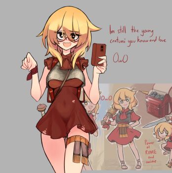 0w0 1girl :3 absurdres armor backpack bag bags_under_eyes blonde_hair breasts cellphone centurii-chan centurii-chan_(character) chainmail commentary covered_navel dress english_commentary english_text frilled_sleeves frills gladius glasses gluteal_fold greco-roman_clothes grey_background highres i_have_the_power_of_god_and_anime_on_my_side_(meme) looking_at_viewer meme neckerchief open_mouth orange_eyes original phone ribbon rock roman_clothes sandals skirt smartphone sword teeth thigh_gap thigh_strap torn_clothes upper_teeth_only weapon wrist_ribbon