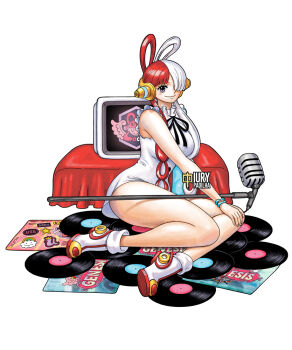 Rule 34 | 1girl, ass, bracelet, breasts, curvy, dress, eyelashes, full body, hair over one eye, headphones, holding, holding microphone, iury padilha, jewelry, jolly roger, large breasts, microphone, multicolored hair, neck ribbon, one piece, purple eyes, red hair, ribbon, shiny skin, simple background, sitting, sleeveless, sleeveless dress, smile, solo, two-tone hair, uta (one piece), white background, white dress, white hair