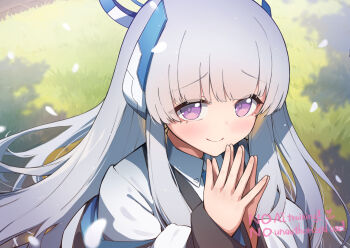 1girl aianchor blue_archive blue_necktie breasts closed_mouth collared_shirt commentary_request formal_clothes halo headphones highres jacket large_breasts long_hair long_sleeves looking_at_viewer mechanical_halo necktie noa_(blue_archive) off_shoulder open_clothes open_jacket portrait purple_eyes school_uniform shirt sidelocks smile solo suit two-sided_fabric two-sided_jacket upper_body very_long_hair white_hair white_halo white_jacket white_shirt white_suit