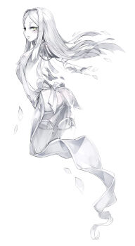 1girl blush colored_skin female_focus floating floating_hair from_side full_body green_eyes highres ittan-momen_(monster_girl_encyclopedia) kenkou_cross long_hair looking_at_viewer looking_to_the_side monochrome monster_girl monster_girl_encyclopedia monster_girl_encyclopedia_ii official_art simple_background solo white_background white_hair white_skin wind