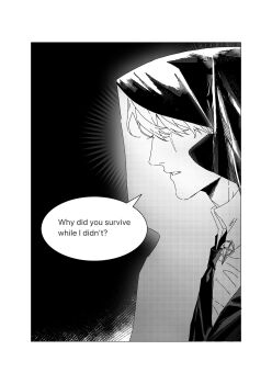 Rule 34 | 1boy, border, cloak, collared shirt, english text, greyscale, highres, hood, hood up, hooded cloak, male focus, monochrome, necktie, omniscient reader's viewpoint, owlaoao, scar, scar across eye, scar on face, secretive plotter, shirt, short hair, solo, speech bubble, upper body, vest, white border, yoo joonghyuk