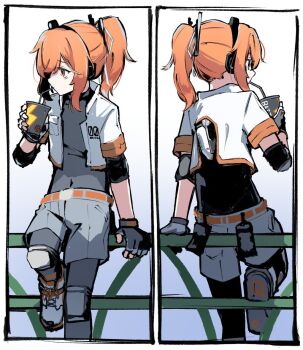 1girl a.i._voice adachi_rei belt black_gloves black_pantyhose black_shirt commentary_request cropped_jacket cup disposable_cup drink drinking fingerless_gloves foot_out_of_frame gloves grey_shorts holding holding_drink jacket leg_up multiple_views open_clothes open_jacket orange_belt orange_eyes orange_hair pantyhose ponytail profile shirt short_hair shorts sidelocks teckinder utau white_jacket