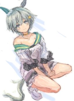 1girl animal_ears bare_shoulders blue_eyes blush breasts closed_mouth collarbone commentary_request dress ear_covers flower green_sailor_collar grey_hair hair_between_eyes hair_flower hair_ornament hairclip horse_ears horse_girl horse_tail looking_at_viewer sailor_collar seiun_sky_(reeling_in_the_big_one)_(umamusume) seiun_sky_(umamusume) shoes short_hair single_ear_cover small_breasts solo sunflower sunflower_hair_ornament tail umamusume white_dress yanagi_wakana