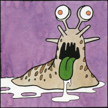 colored_skin colored_tongue creature creature_focus dragon_quest green_tongue monster no_humans official_art oonamekuji purple_background red_eyes saliva scan slime_(substance) slug spots third-party_source tongue tongue_out toriyama_akira yellow_skin