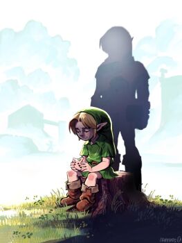 Rule 34 | 1boy, blonde hair, boots, brown boots, closed eyes, cloud, cloudy sky, commentary, curtained hair, english commentary, frown, full body, grass, green hat, green tunic, hat, highres, holding ocarina, instrument, link, male focus, namnums, nintendo, ocarina, on tree stump, outdoors, parted bangs, pointy ears, sad, short hair, silhouette, sitting, sky, solo, tearing up, the legend of zelda, the legend of zelda: ocarina of time, tree stump, tunic, u u, young link