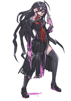 Rule 34 | 1girl, absurdres, ahoge, black hair, black serafuku, black shirt, black shoes, black skirt, black thighhighs, blood, blood on clothes, blood on face, blood on ground, blood on hands, bloody weapon, collared shirt, commentary request, danganronpa (series), danganronpa another episode: ultra despair girls, eyelashes, fukawa toko, full body, genocider shou, hair between eyes, hair ornament, hairclip, highres, holding, holding scissors, holding weapon, long hair, long skirt, long tongue, looking at viewer, neckerchief, open mouth, pink blood, red eyes, red neckerchief, sailor collar, samidare satsuki, scar, scar on leg, school uniform, scissors, serafuku, shirt, shoes, simple background, skirt, smile, solo, tally, teeth, thighhighs, tongue, tongue out, torn clothes, torn neckerchief, torn skirt, upper teeth only, weapon, white background, white sailor collar