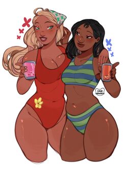 2girls artist_logo bikini black_hair blonde_hair breasts commentary cup curvy dark-skinned_female dark_skin disney english_commentary highleg highleg_bikini highleg_one-piece_swimsuit highres holding holding_cup hug ice ice_cube kamii_momoru lifeguard_(lilo_&amp;_stitch) lilo_&amp;_stitch logo looking_at_viewer multiple_girls nani_pelekai navel one-piece_swimsuit red_one-piece_swimsuit shiny_skin simple_background striped_bikini striped_clothes swimsuit white_background wide_hips