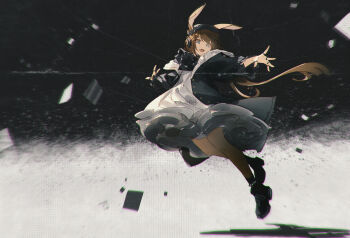 1girl :d amiya_(arknights) amiya_(newsgirl)_(arknights) animal_ears ankle_socks arknights ascot baseball_cap black_ascot black_hat black_jacket black_shoes brown_hair commentary dress english_commentary fang from_below full_body hat headphones highres infection_monitor_(arknights) jacket jewelry long_hair long_sleeves looking_at_viewer midair multiple_rings open_clothes open_jacket open_mouth openvl outstretched_arms rabbit_ears ring shoes sidelocks skin_fang smile sneakers socks solo swept_bangs thumb_ring white_dress wide_sleeves