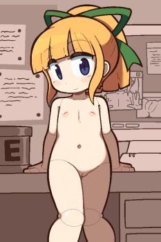 1girl android arm_support average-hanzo blonde_hair blue_eyes blush blush_stickers capcom cleft_of_venus desk e-tank female_focus flat_chest hair_ornament hair_ribbon high_ponytail loli long_hair looking_at_viewer mega_man_(classic) mega_man_(series) monitor navel nipples nude ponytail pussy ribbon roll_(mega_man) sidelocks smile solo standing uncensored