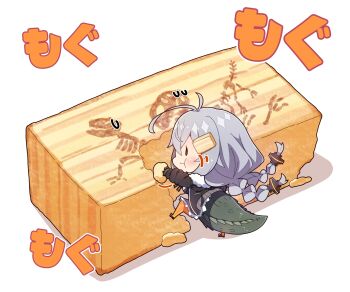 1girl :t antenna_hair black_dress black_gloves black_jacket black_shoes blush braid chibi chibi_only closed_mouth commentary_request dress eating food_request frilled_dress frills full_body gloves grey_hair highres jacket kizuna_akari long_hair long_sleeves mg_mg milkpanda mini_person minigirl orange_pantyhose pantyhose shoes simple_background solo standing striped_clothes striped_pantyhose tail twin_braids vocaloid voiceroid white_background |_|