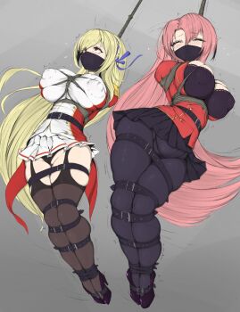 2girls ^^^ absurdres ameng_(katena1990) arms_behind_back asphyxiation azur_lane bdsm belt black_belt black_legwear black_skirt blonde_hair blue_ribbon blue_skirt blush bondage bound bound_arms bound_legs bra braid breasts closed_eyes cloth_gag covered_erect_nipples crown_braid crying duke_of_york_(azur_lane) epaulettes execution female_focus flying_sweatdrops full_body gag gagged garter_straps grey_background hair_between_eyes hair_ribbon hanged high_heels highres improvised_gag king_george_v_(azur_lane) large_breasts legs_together long_hair military military_uniform miniskirt motion_lines multiple_girls noose over_the_nose_gag pink_hair pleated_skirt pointy_ears purple_footwear red_eyes ribbon shibari shibari_over_clothes skindentation skirt straight_hair striped_clothes striped_skirt struggling tears underwear vampire very_long_hair white_skirt