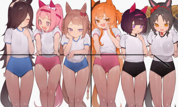 6+girls animal_ears black_buruma black_hair black_tail blue_buruma blush braid braided_hair_rings breasts brown_eyes brown_hair brown_tail buruma closed_eyes hair_rings haru_urara_(umamusume) highres horse_ears horse_girl horse_tail loli looking_at_viewer marvelous_sunday_(umamusume) mayano_top_gun_(umamusume) multiple_girls nishino_flower_(umamusume) oppai_loli orange_hair pink_buruma pink_eyes pink_tail purple_eyes rice_shower_(umamusume) shirt simple_background smug standing sweep_tosho_(umamusume) tail theflatfacadeds thighs twintails two_side_up umamusume white_background white_shirt