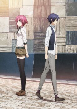 1boy 1girl absurdres black_thighhighs black_vest blue_hair brown_shoes brown_shorts casual chain chaos;child dress_shirt glasses grey_pants highres key_visual looking_at_another miyashiro_takuru necktie non-web_source official_art onoe_serika pants plaid_clothes plaid_sleeves promotional_art puffy_shorts science_adventure shirt shoes short_hair short_necktie short_shorts shorts socks striped_clothes striped_socks thighhighs vest walking white_shirt