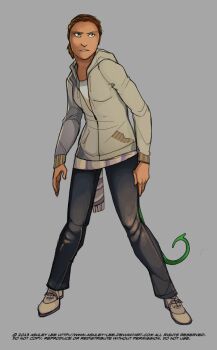 1girl breasts clothes_around_waist commentary contrapposto dated denim english_commentary english_text full_body greekceltic green_eyes hood hoodie jacky_(greekceltic) jeans medium_hair orange_hair original pants ponytail scarf shirt shoes signature simple_background smile solo tail white_shirt zipper