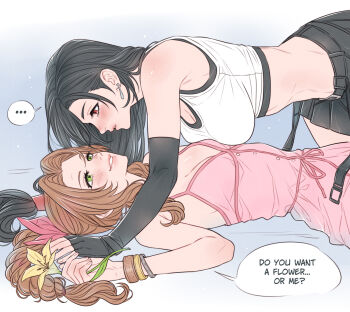 2girls aerith_gainsborough black_hair black_skirt blush bracelet braid breasts brown_hair cleavage commentary crylin6 dress earrings elbow_gloves final_fantasy final_fantasy_vii final_fantasy_vii_remake fingerless_gloves flower girl_on_top gloves green_eyes hair_ribbon imminent_kiss jewelry large_breasts long_hair low-tied_long_hair medium_breasts midriff multiple_girls pink_dress red_eyes ribbon skirt smile speech_bubble sports_bra suspender_skirt suspenders tank_top tifa_lockhart toned toned_female untranslatable_commentary yuri