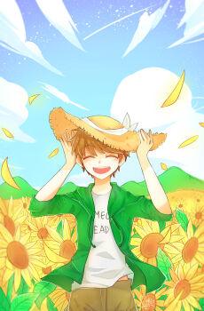 1boy animification arms_up blue_sky brown_hair brown_pants closed_eyes clothes_writing cloud commentary edd_(eddsworld) eddsworld english_commentary flower green_hoodie happy hat highres hood hood_down hoodie male_focus molechan open_clothes open_hoodie open_mouth outdoors pants petals shirt short_hair signature sky smile solo standing straw_hat sunflower white_shirt yellow_flower