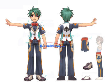 Rule 34 | 3boys, aqua hair, aqua vest, artist request, black pants, black shirt, black shoes, bow, bowtie, brown eyes, clenched hand, closed mouth, clover, clover print, collared shirt, commentary request, cross-laced shoes, cummerbund, curtained hair, dot nose, dress shirt, dual persona, from behind, high collar, highres, korean commentary, laces, lapels, legs apart, light smile, looking at viewer, male focus, multiple boys, multiple views, official art, open hand, pants, parted hair, peaked lapels, popped collar, print pants, print sleeves, print vest, production art, red bow, red bowtie, reference sheet, shirt, shoes, short hair, short sleeves, simple background, spade (shape), spade print, spiked bangs, spiked hair, standing, straight-on, third-party source, turnaround, two-tone vest, vest, watermark, web address, white background, white shoes, white vest, yogurting