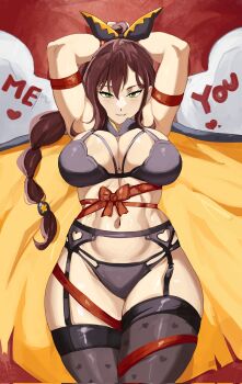 Rule 34 | 1girl, akihitoevon, arms behind back, black bra, black cape, black garter straps, black panties, black thighhighs, bound, bound arms, bound wrists, bow, bra, breasts, brown hair, cape, cleavage, cloak, garter straps, gift, green eyes, hair ornament, hair ribbon, heart, heart-shaped pillow, highres, large breasts, light blush, long hair, looking at viewer, lying, multi-tied hair, navel, on back, orange cape, panties, pillow, ponytail, re:zero kara hajimeru isekai seikatsu, red ribbon, restrained, ribbon, ribbon bondage, shaula (re:zero), smile, solo, thighhighs, two-tone cape, underwear, valentine, wrapped up