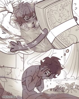 1girl absurdres animate_object blush bra greyscale heart heart-shaped_pupils highres lying monochrome nude on_back on_bed original oversized_object senukin sex short_hair speech_bubble symbol-shaped_pupils thought_bubble tongue tongue_out underwear