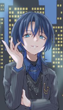 Rule 34 | 1girl, black sweater, blue eyes, blue hair, blue shirt, city, collared shirt, commentary request, grey jacket, hand up, hiodoshi ao, hiodoshi ao (1st costume), hololive, hololive dev is, jacket, jewelry, looking at viewer, medium hair, necklace, pinstripe jacket, pinstripe pattern, shirt, solo, suit jacket, sweater, takino (taji tlstd), v-neck, virtual youtuber, wolf cut