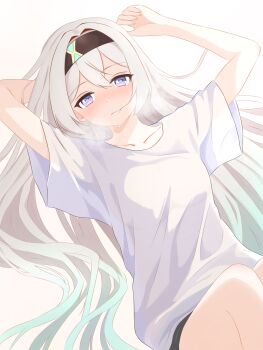 1girl arm_behind_head arms_up black_hairband blue_pupils breasts closed_mouth collarbone commentary cowboy_shot english_commentary firefly_(honkai:_star_rail) grey_hair hair_spread_out hairband highres honkai:_star_rail honkai_(series) knee_up kyabetuno88 long_hair looking_at_viewer lying on_back purple_eyes shirt short_sleeves simple_background solo steam steaming_body sweat t-shirt very_long_hair white_background white_shirt wide_sleeves