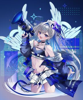 1girl amane_kanata amane_kanata_(lock_on) bare_shoulders belt black_choker black_jacket black_sports_bra blue_eyes blue_hair blue_halo blue_wings blush bra breasts c10h14n2 character_name choker commentary_request crossed_bangs fingernails gradient_hair gradient_wings grey_hair hair_between_eyes halo heart highres holding holding_megaphone hololive jacket jewelry long_hair long_sleeves looking_at_viewer megaphone mini_wings multicolored_hair multicolored_wings nail_polish necklace official_alternate_costume open_mouth parted_bangs ponytail short_shorts shorts single_hair_intake smile solo sports_bra star_halo sticker_on_stomach stomach tilted_halo underwear very_long_hair virtual_youtuber white_belt white_shorts white_wings wings