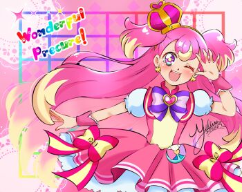 Rule 34 | 1girl, ;d, argyle background, argyle clothes, blonde hair, blue eyes, blush, bow, bright pupils, brooch, copyright name, cowboy shot, crown, cure wonderful, dated, dot nose, dress, dress bow, earrings, hairband, heart, heart brooch, inukai komugi, jewelry, long hair, looking at viewer, magical girl, mel-chan, mini crown, multicolored bow, multicolored eyes, multicolored hair, one eye closed, open mouth, pink background, pink crown, pink dress, pink hair, pink theme, precure, purple bow, purple eyes, rainbow text, short dress, signature, smile, solo, streaked hair, striped bow, two-tone hair, two side up, wonderful precure!, wrist cuffs, yellow hairband