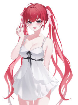 1girl absurdres akane_lize armpit_crease blush breasts cleavage collarbone commentary cowboy_shot dress fang fingernails grey_eyes hair_ribbon hand_up highres large_breasts long_fingernails long_hair looking_at_viewer mole mole_under_eye nail_polish open_mouth pink_nails pink_ribbon playing_with_own_hair red_eyes ribbon short_dress simple_background skin_fang sleeveless sleeveless_dress smile solo standing stellive thumbsup_stella tongue tongue_out twintails very_long_hair virtual_youtuber white_background white_dress