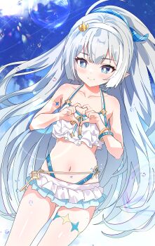 1girl ahoge bare_shoulders bikini blue_bow blue_eyes bow bracelet breasts bright_pupils ccczr female_tyrant_(stella_sora) frilled_bikini frills grey_hair hair_bow hairband heart heart_hands high-waist_bikini highres jewelry long_hair looking_at_viewer navel pointy_ears ponytail small_breasts smile solo stella_sora swimsuit thigh_strap tyrant_(stella_sora) white_bikini white_hairband white_pupils