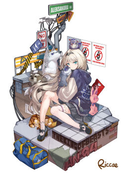 1girl an-94_(girls&#039;_frontline) animal animal_ears animal_hug animal_on_head artist_request asymmetrical_legwear bag bird black_footwear black_skirt blonde_hair blush braid braided_ponytail cat_ears caution_tape character_name closed_mouth dog_tags duffel_bag english_text full_body girls&#039;_frontline green_eyes headband high_heels highres hood hood_down industrial_pipe keep_calm_and_carry_on korean_commentary long_hair long_sleeves looking_at_viewer mismatched_legwear on_head poster_(object) rabbit radio_antenna riccae road_sign sign simple_background single_sock single_thighhigh sitting skirt socks solo thighhighs very_long_hair warning_sign white_background white_socks
