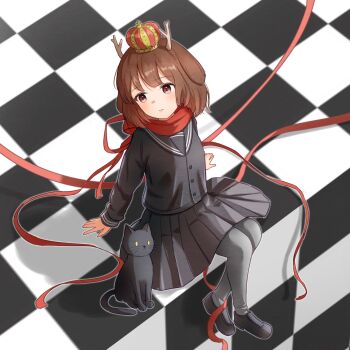 1girl animal_ears antlers arm_support black_cat black_sailor_collar black_serafuku black_shoes black_skirt blunt_bangs brown_eyes brown_hair buttons cat checkered_floor crown deer_antlers deer_ears deer_girl dot_nose franky7702 frown grey_pantyhose hashtag highres horns indie_utaite kano_(utaite) light_blush loafers long_sleeves looking_to_the_side medium_hair mini_crown pantyhose pleated_skirt red_ribbon red_scarf ribbon sailor_collar scarf school_uniform serafuku shoes sitting skirt solo